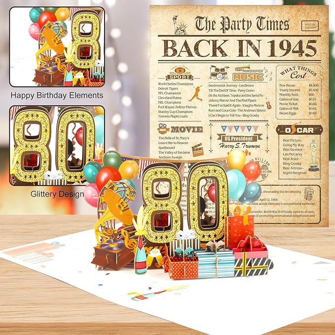 80th Birthday Card for Men Women, Funny 3D Pop Up 80th Birthday Gifts for Grandma Mom Dad, Back In 1945 Happy 80 Year Old Birthday Decorations Cards for Her Him, Classy Vintage