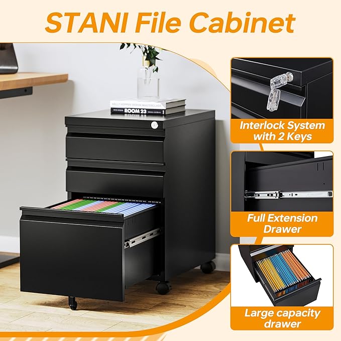 STANI 3 Drawer Mobile File Cabinet with Lock Rolling Mobile File Cabinet Locking Office Mobile Cabinet with Wheels Under Desk Office Drawers Metal Filing Cabinet Fully Assembled