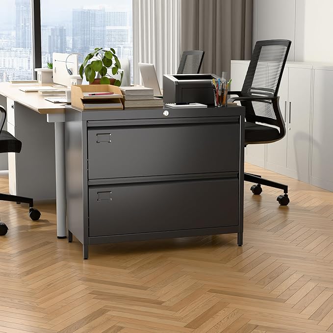 Metal 2 Drawer Lateral File Cabinet with Lock & Adjustable Feet - Wide Filing Cabinet for Letter/Legal/F4/A4 Hanging Files - Includes Business Card Holder,Home Office School Storage,Black