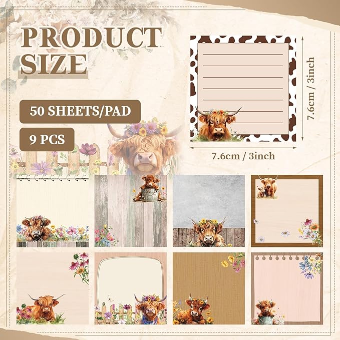 9 Pads Cute Sticky Notes Cartoon Animal Self Stick Notepads 3x3 Inches Notes Adhesive Memo Pad Office Decor Gifts for Students School Office Meeting (Highland Cow)