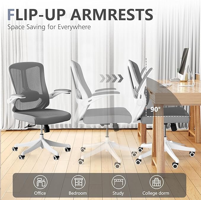 Computer Office Chair, Ergonomic Comfort Home Desk Chair, Mid Back Gaming Chair with Wheels, Adjustable Height, Lumbar Support, Flip-up Armrest with 350LBS Capacity