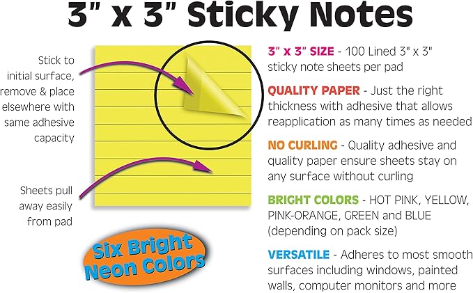 Better Office Products Lined Sticky Notes 3 x 3, 20 Pack Box, 2,000 Sheets (100/Pad), Self Stick Notes with Lines, Bright Assorted Colors, Post Memos, Strong Adhesive, 20 Pads in Box