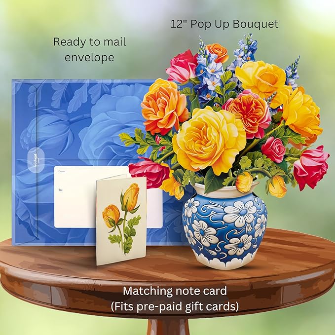 Freshcut Paper Pop Up Cards, Paper Flower Bouquet 3D Popup Greeting Cards with Note Card & Envelope, Birthday Card, Anniversary, Get Well Gifts for Women, 12" Sorbet Roses