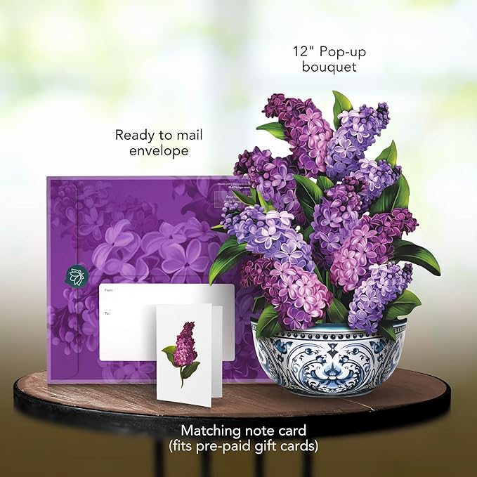 Freshcut Paper Pop Up Cards, Garden Lilacs, 12 Inch Life Sized Forever Flower Bouquet 3D Popup Greeting Card, Birthday Cards, Thank You Card, Blank Notecard & Envelope