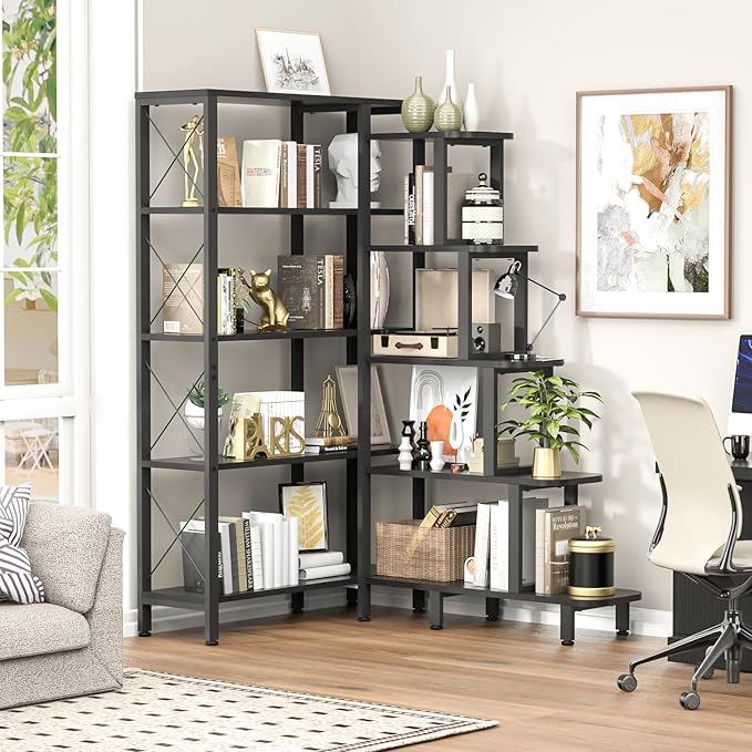 Corner Bookshelf Bookcase, Large Reversible 5 Tier Ladder Shelves Storage Display Rack with Metal Frame, Industrial Home Office Furniture for Living Room Bedroom, Black