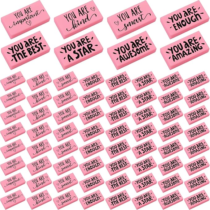 PerKoop 100 Pcs Pcs Inspirational Pink Erasers Bulk Small Motivational Block Pencil Erasers Back to School Gifts for Classroom Students Teachers Office Stationery Supplies