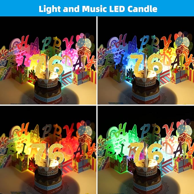 Gumry 76TH Musical Birthday PopUp Card, Blowable Colorful Light Candle 3D Cards with Song, Applause Cheers Sound, Greeting Cards Birthday Gifts Decorations for Women Men Turning 76 Years Old