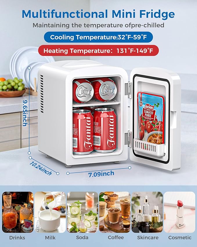 Mini Fridge, 4L/6 Cans Cooler & Warmer Portable Compact Refrigerator, Small Skincare Fridge for Makeup Food and Drinks, Small Cooler for Bedroom, Cosmetics, Car, Office, White