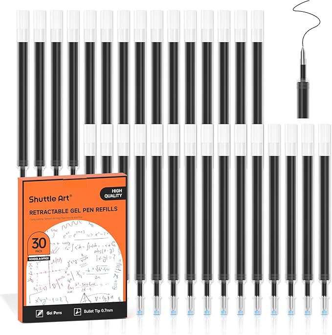 Retractable Gel Pen Refills, Shuttle Art 30 Pack Black Rollerball Gel Ink Pens Refills, Bulk Set, 0.7mm Fine Point for Writing Journaling Taking Notes School Office Home