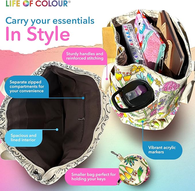 Life of Colour Doodle Bag with Wildflower Patterns – Color Your Own Tote Bag Craft Kits for Adults, Includes Canvas Tote & 24 Acrylic Markers – DIY Painting & Art Kit for Women