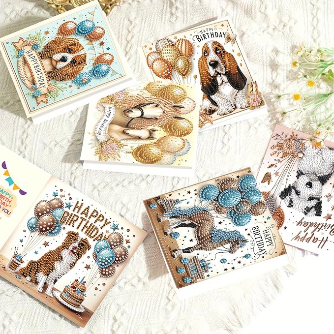 Tontut 6 Pieces Diamond Art Painted Greeting Cards, Horse Puppy Balloon 5D DIY Special Shape Diamond Card Creative Gifts, Christmas Thanksgiving Greeting Card Congratulation