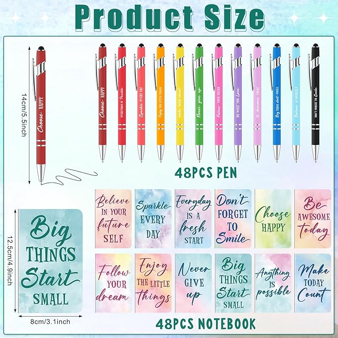 96 Pcs Watercolor Bulk Motivational Pens Inspirational Notepads Set, Pocket Motivational Quote Notebooks Ballpoint Pens, Mini Journals Gift Set for Kids Students Teachers School Office Prizes Supplies