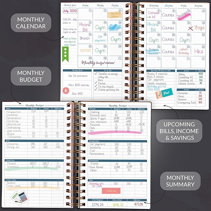 GoGirl Budget Planner & Monthly Bill Organizer – Monthly Financial Book with Pockets. Expense Tracker Notebook Journal, Compact (Black)