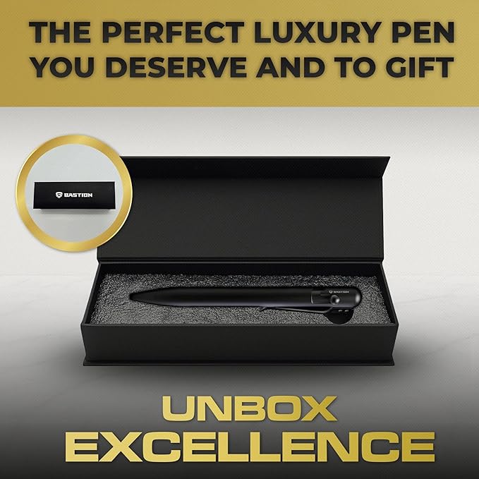 BASTION® Luxury Slim Bolt Action Pen, Durable EDC Pen with Fine Tip, Professional Ballpoint Pen for School and Work - Stainless Steel Black