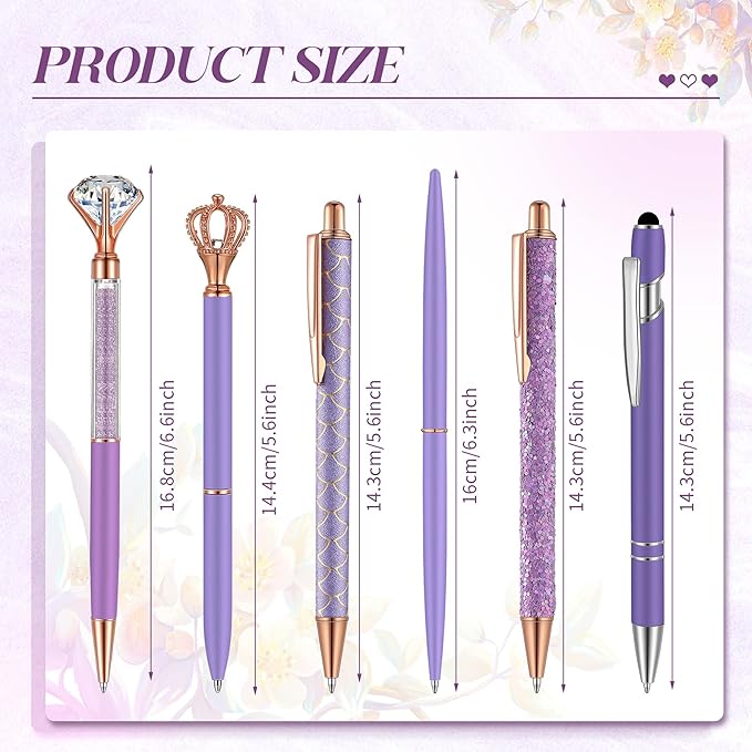 6 Pcs Ballpoint Pens Set Metal Crystal Diamond Pen for Journaling Glitter Pretty Cute Stationery Black Ink Fancy Gifts for Women Girls Teacher Office Wedding School Supplies(Purple Series)