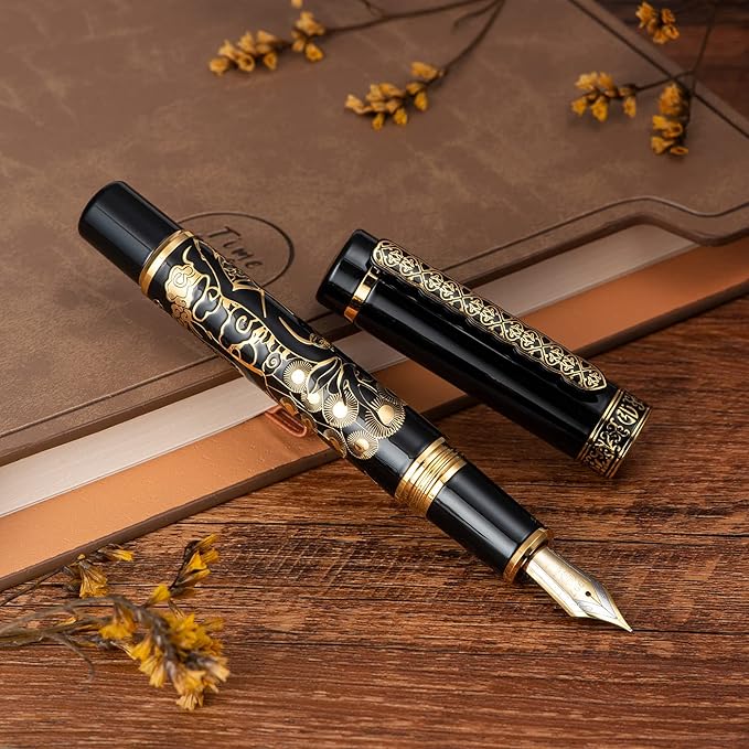 Hongdian 8037 Chinese Classical Fountain Pen, Iridum Fine Gold Nib with Chinese Deer Totem Design, Smooth Writing Pen with Ink Converter and Metal Pen Box Set