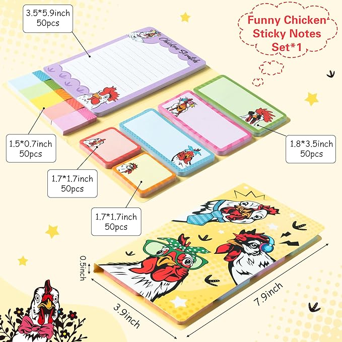 B1ykin Sticky Notes Set - Cartoon Theme Cute Self-Stick Notes Pad Teacher Appreciation Gifts， Self-Adhesive Writing Memo Pages Sticky to Do Notepad for Kids Employee School Office (Funny Chicken)