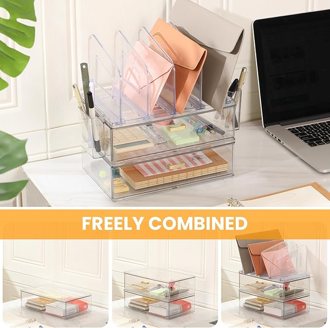 Acrylic Desk Organizer Set, 2 Pack Stackable Drawer Organizer with 4 Vertical File Sorter and 2 Pen Holders, Desktop Storage for Files, Letter, Documents, Office Supplies, Desk Accessories