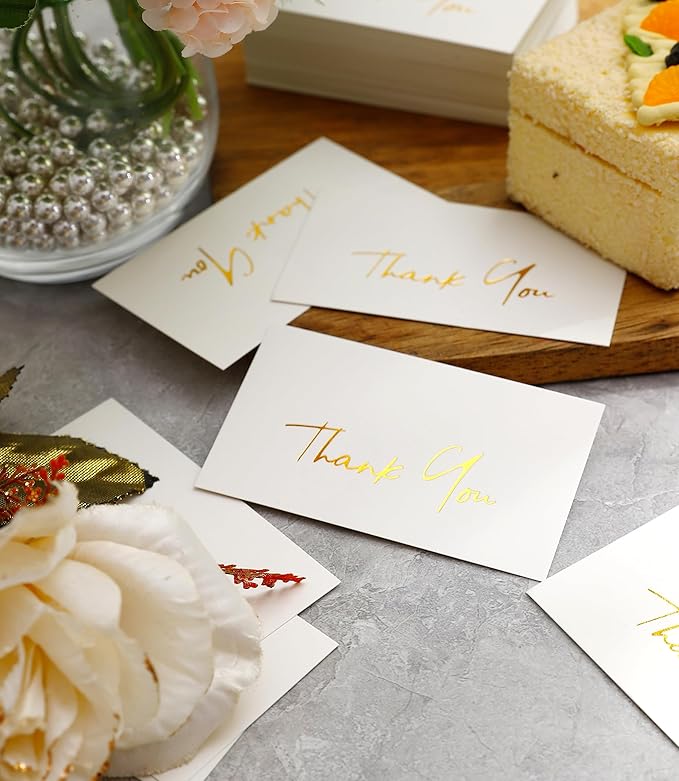 Winoo Design Gold Mini Thank You Cards Small Business - 100 PK - Flat Card No Fold, 2 x 3.5 Inches Thank You for Your Order Cards Thank You for Your Support Cards for Wedding Off White Color