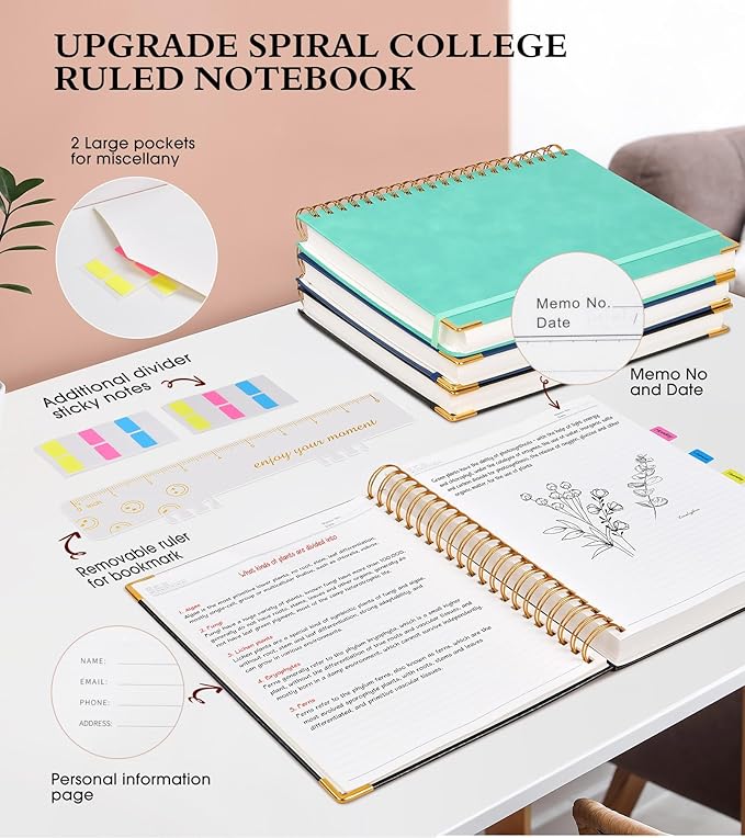 Spiral Notebook Journal 7.6” x 10”, 300 Pages Hardcover Leather Lined Journals for Women Men, B5 Large College Ruled Notebooks with 100 GSM Thick Paper, Spiral Journal for Writing Work School, Black