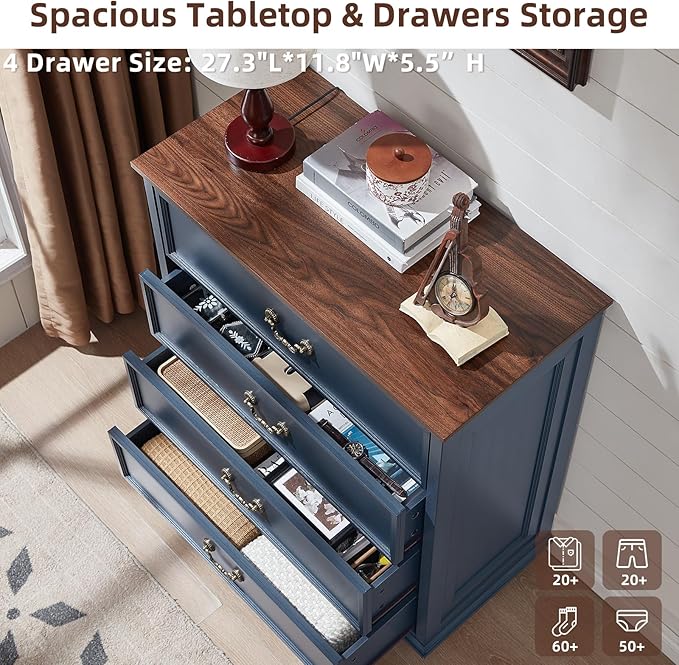 Farmhouse 4 Drawer Dresser Set of 2 for Bedroom, 37" Tall Rustic Chests of Drawers w/ 4 Solid Wood Feet, Mid Century Vintage Wooden Closet Storage Dressers Organizer for Living Room, Navy Blue