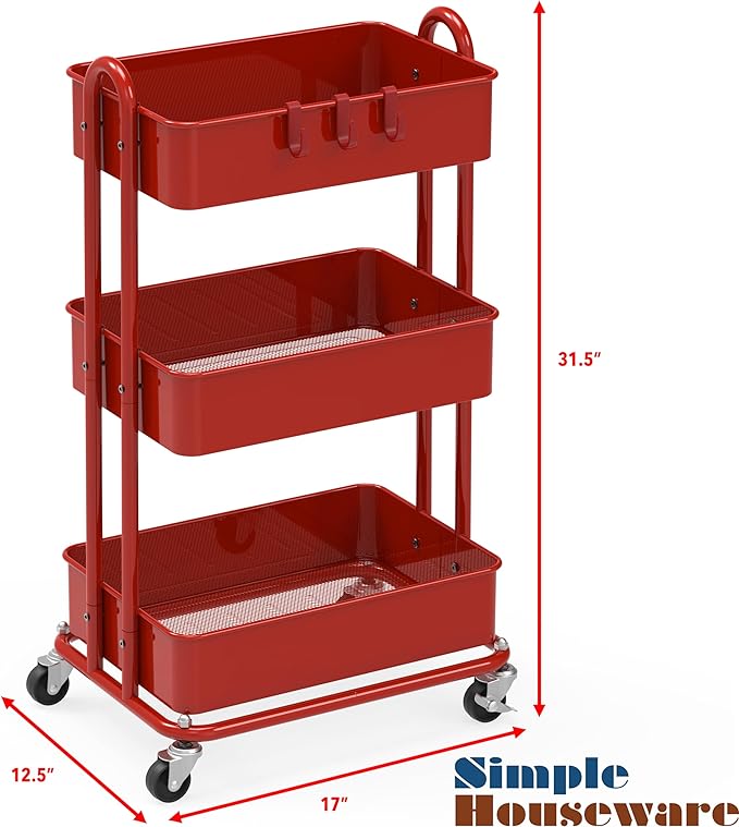 Simple Houseware Heavy Duty 3-Tier Metal Utility Rolling Cart, Red