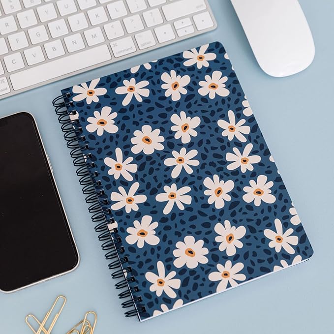 Steel Mill & Co Cute Mini Spiral Notebook, 8.25" x 6.25" Journal with Durable Hardcover and 160 Lined Pages (Leopard Daisy)