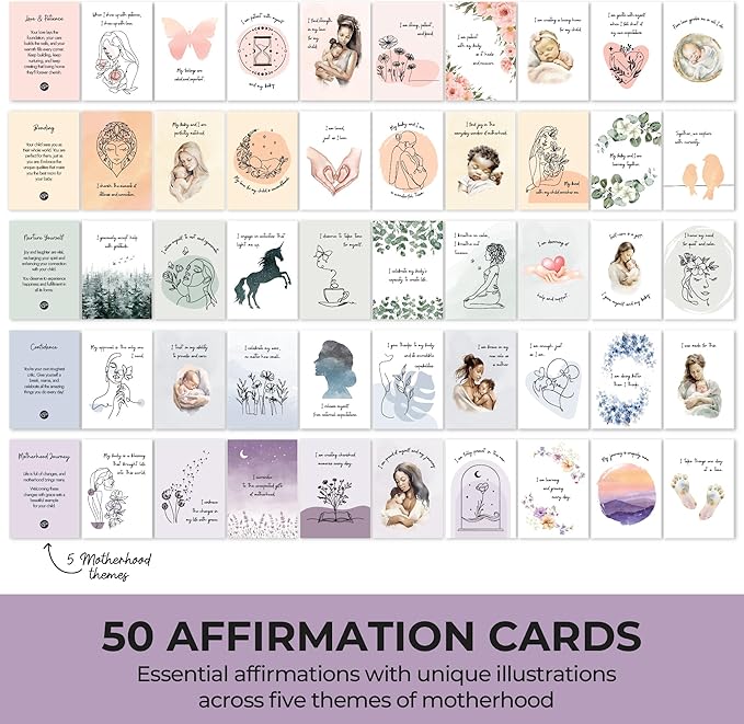 New Mom Affirmation Cards - 50 Postpartum Affirmation Cards for Self-Care, Gift for New Mom After Birth in Tin Box with Wooden Stand