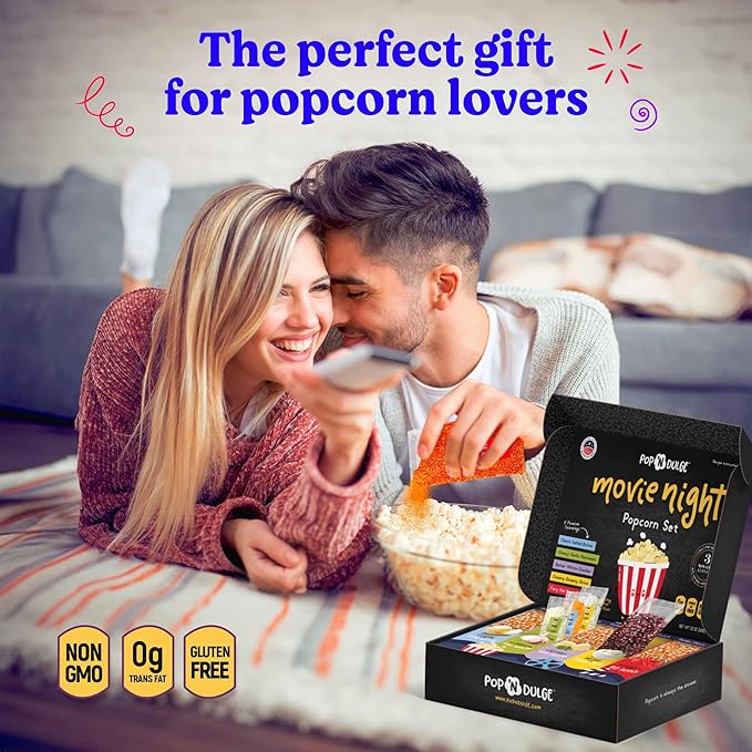 Popcorn Movie Night Supplies Popcorn Kernels Popcorn Seasoning 16 Pack, 5 Gourmet Popcorn Kernels, 5 Popcorn Seasoning Variety Packs Non-GMO Snacks, Includes 6 Bags, Gift Basket Idea