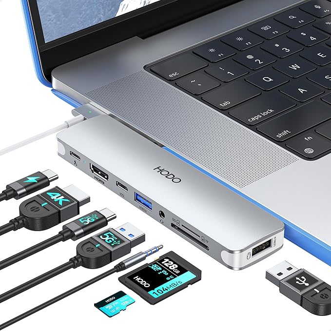 Apple MacBook Pro/Air USB-C Adapter Hub - Multiport 8-in-2 with HDMI, Thunderbolt 3, USB 3.0, 2.0, SD/TF Card Reader, Silver