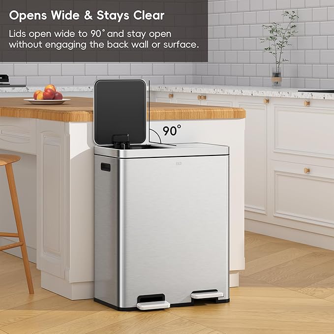 EKO Edison Dual Trash Can for Recycling and Trash, 8+8 Gallons Kitchen Garbage Can with Dual Removable Inner Liners, Independent Lids and Pedals, Matte Stainless Steel