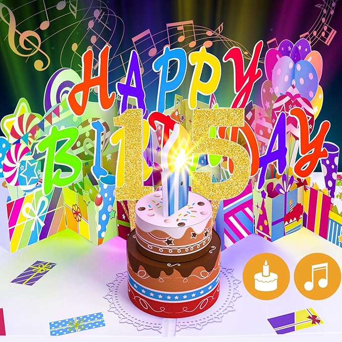 Gumry 15TH Musical Birthday PopUp Card, Blowable Colorful Light Candle 3D Cards with Song, Applause Cheers Sound, Greeting Cards Birthday Gifts Decorations for Girls Boys Turning 15 Years Old