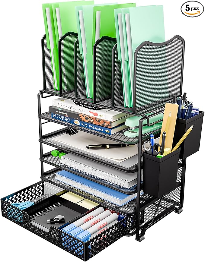 Simple Trending 5 Tier Mesh Desk File Organizer, Paper Letter Tray File Holder with Sliding Drawer Organizer for Office Home, Black