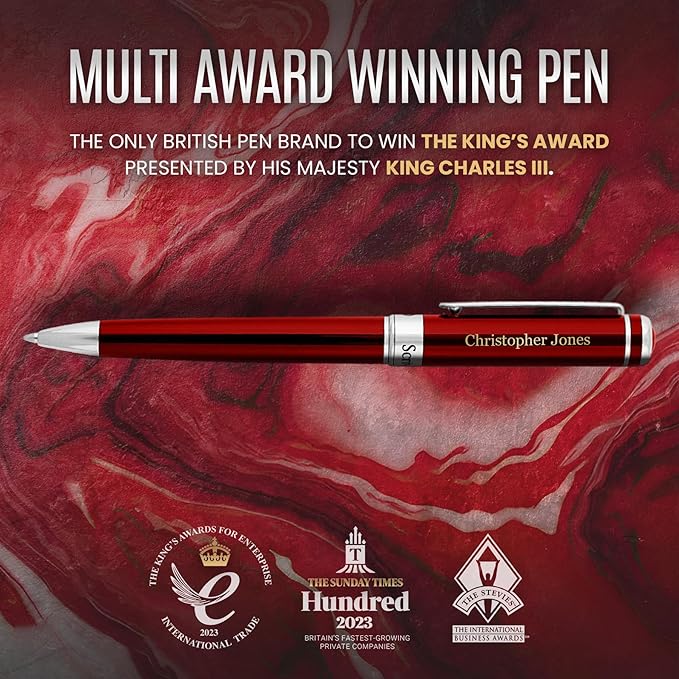 Scriveiner Personalized Deep Crimson Red Pen - Stunning Red Lacquer Luxury Pen with Chrome Finish, Schmidt Ink Refill, Best Engraved Ball Point Gift Set for Men & Women, Custom Name Engraving