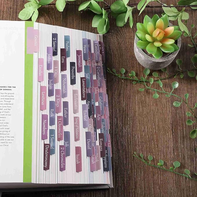 Thinkor Laminated & Repostion Bible Tabs, Large Print Christian Gift for Women and Men, Easy to Read and Apply Bible Journaling Tabs (Purple & Pink Print)