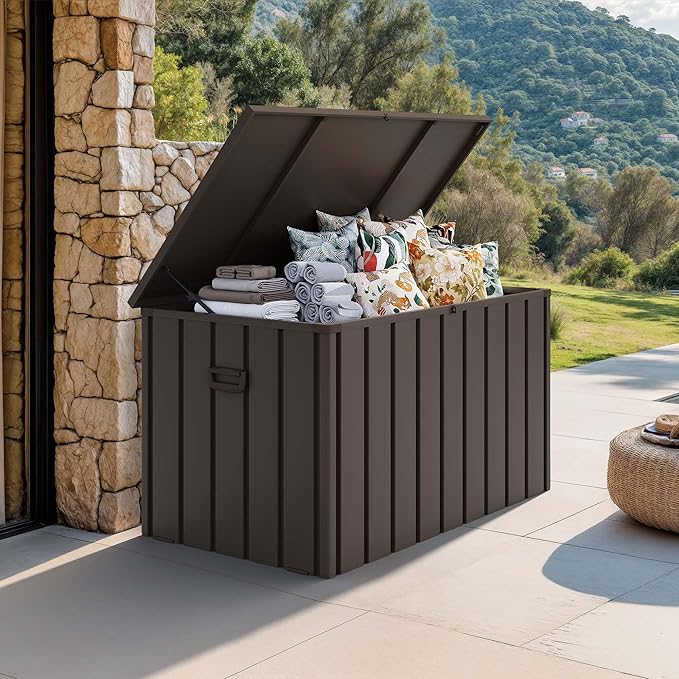 PURPLE LEAF Outdoor Deck Box 160 Gallon Waterproof Lockable Storage Box Container with Lid Deck Organization for Patio Cushions Side Table Pool Accessories Garden Tools, Brown