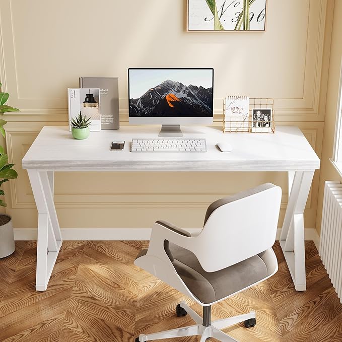 LITTLE TREE 55 Inch Large Simple Industrial Computer Desk Study Writing Table Home Office Workstation,White