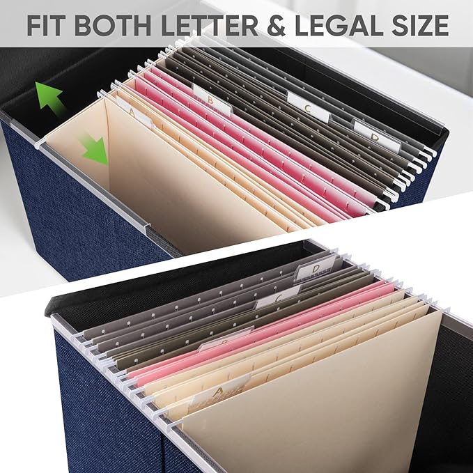 BALEINE File Organizer Box with Lid, Collapsible File Folder Organizer with Plastic Slide, Hanging File Folder Box for Office Document Storage (1 Pack, Blue)