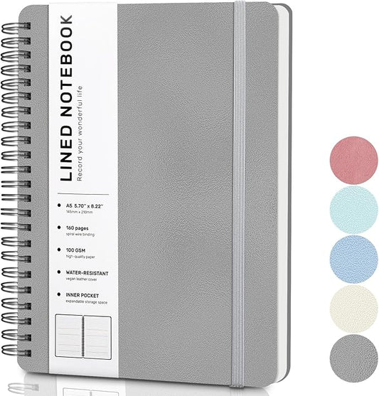 ABERLLS Gray Lined Spiral Journal Notebook with 160 Pages, 8×5.7in, A5 Spiral Notebook, Journaling Notebooks for Work, School, Women, Men, College Ruled Spiral Notebook, Hardcover Leather Journals