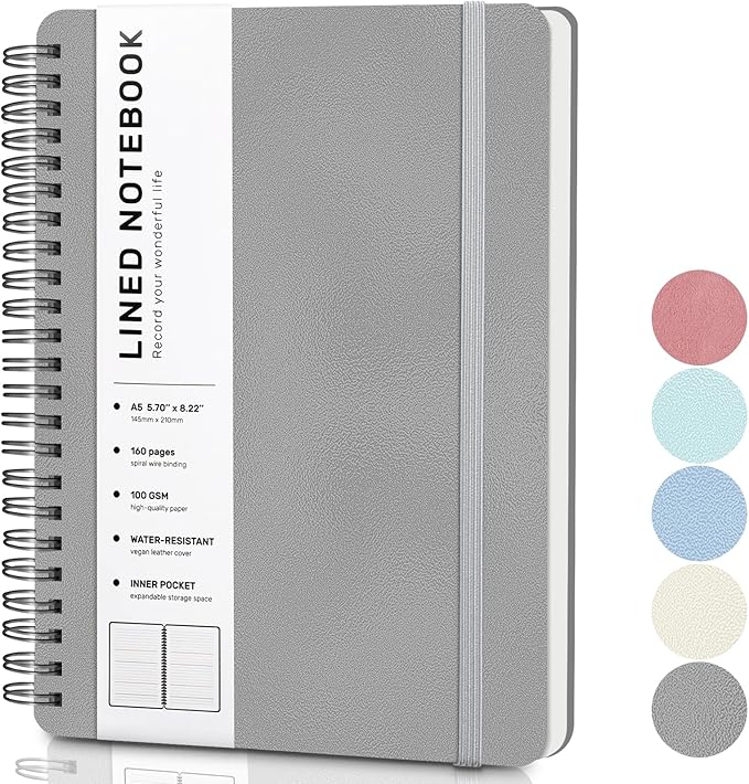 Lined Spiral Journal Notebook, A5 Hardcover Leather Notebook for Work, 5.7''×8.2'', 100GSM Thick Paper Spiral Bound Journaling Notebook for Women Men Office School Note Taking Business, Morandi black
