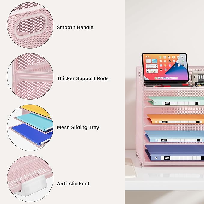 5 Tier Paper Organizer with Handle, Metal Mesh Desk Organizer File Folder Organizer Paper Letter Tray Desktop Document Sorter for Classroom, School, Office Organization and Storage - Pink