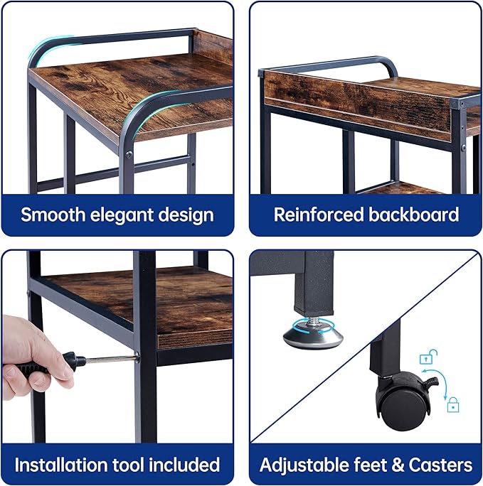 22 x 18 Inch Large Printer Stand, Mobile Printer Table with Wheels for Home Office Storage and Organization, PC Tower Stand, Host Computer Cart, Shelf for Desktop CPU Shredder - Rustic Brown