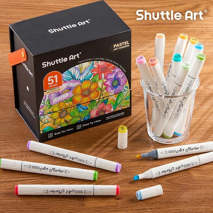 Shuttle Art Pastel Alcohol Markers Brush tip, Dual Tip Brush & Chisel Tip Art Marker Set, 50 Colors plus 1 Blender Marker Pens with Case Perfect for Illustration Students Adults Coloring Sketching