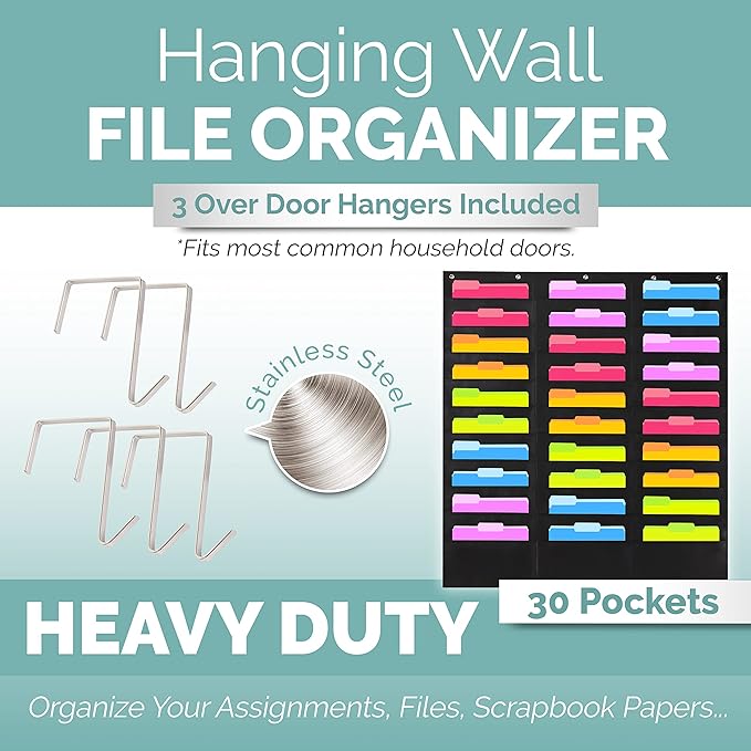 Black Pocket Chart for Classroom - 30 Pocket Storage Rainbow Pocket Charts , 5 Over Door Hangers Included, Hanging Wall File Organizer for File Folders, School Mailbox, Home/Office Papers