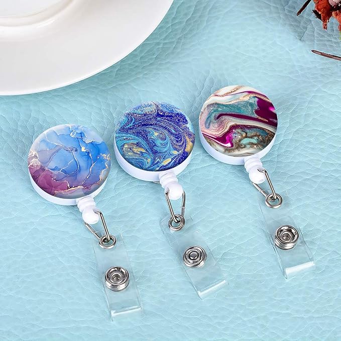 Retractable ID Badge Holder Nurse Badge Reels with Clip Name Card Holders for Office Worker Doctor Nurse (Abstract Colorful Marble 3Pack)