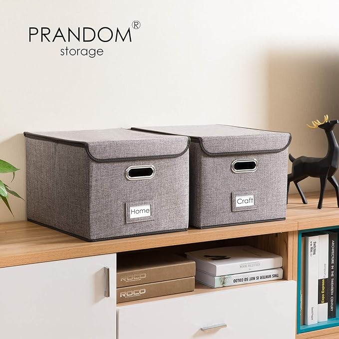 PRANDOM File Organizer Box - Set of 1 Collapsible Decorative Linen Filing Storage Hanging File Folders with Lids Office Cabinet Letter Size (15x12.2x10.75 inch)