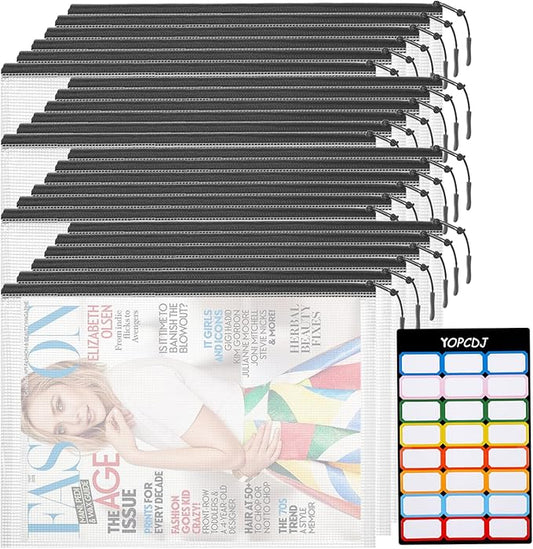 24pcs Mesh Zipper Pouch Bags, A4 13x9 Inches Reusable Bags Puzzle Storage Organizer Black Multipurpose for Travel Board Games Toys School Office Supplies and Home Classroom Organization