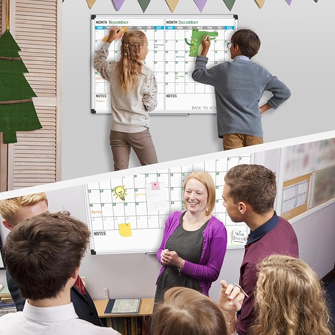 XBoard Magnetic Calendar Whiteboard 48" x 36" - 2 Month Dry Erase Board, White Board + Colorful Calendar Board, Silver Aluminium Framed Monthly Planning Board