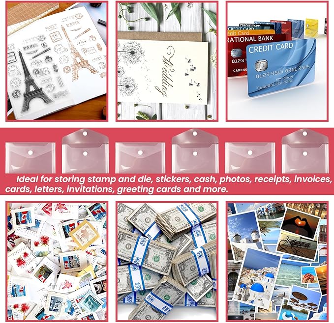 Vmiapxo 40 Pack Stamp and Die Storage Pockets, Reusable Small Plastic Envelopes Waterproof Sticker Organizer Receipt Holder Photo Storage Folders (4" x 6")