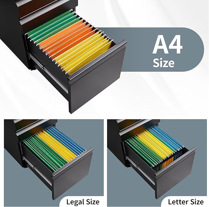 3 Drawer File Cabinet for Home Office, Under Desk Mobile Filing Cabinet with Lock for A4-Size/Letter-Size/Legal-Size, Black (HSEJ-3D)